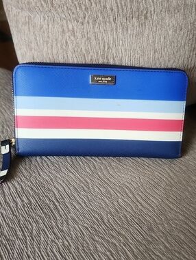 Kate Spade Blue, Light Blue, White & Red Striped Zip Wallet